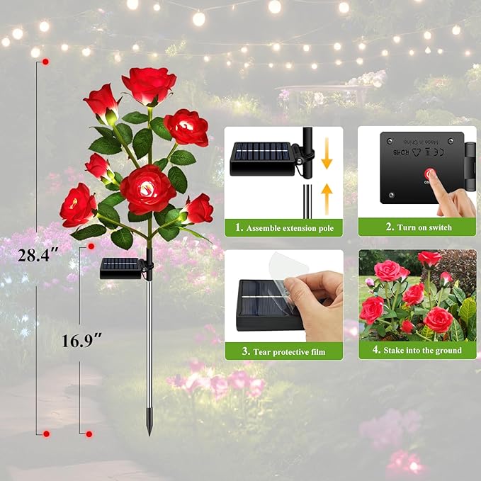 2 Pack Solar Garden Lights Outdoor, 7-Flower Rose LED Stake Light for Yard Patio Pathway Lawn Fence Cemetery, Red
