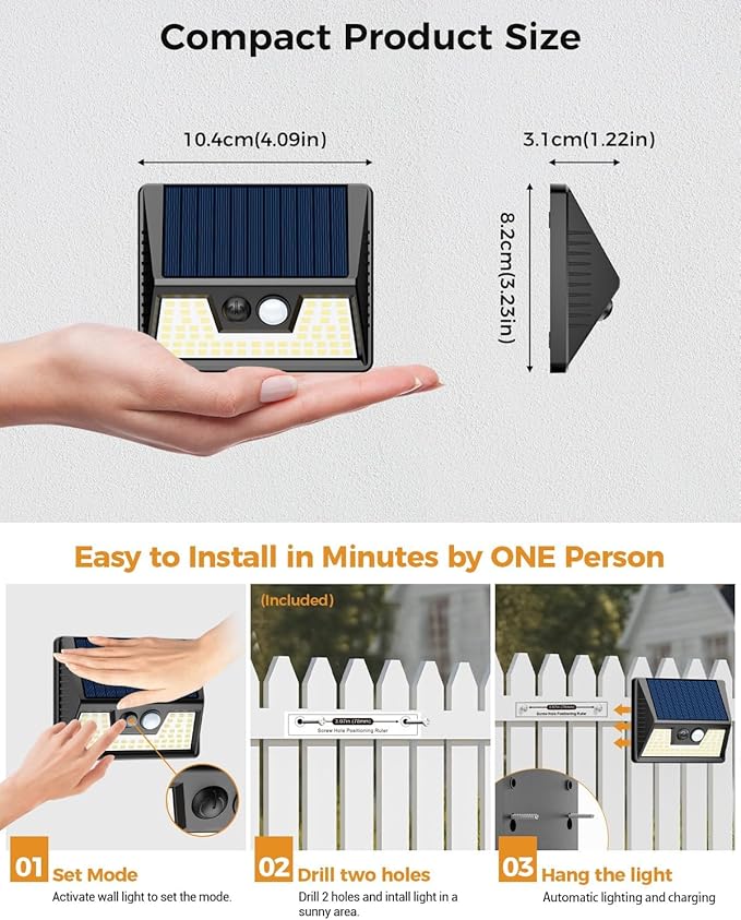 4 Pack Solar Fence Lights, Waterproof Motion Sensor Deck Outdoor, Warm White LED Outside Wireless for Wall Yard Steps Stairs Garden - Black