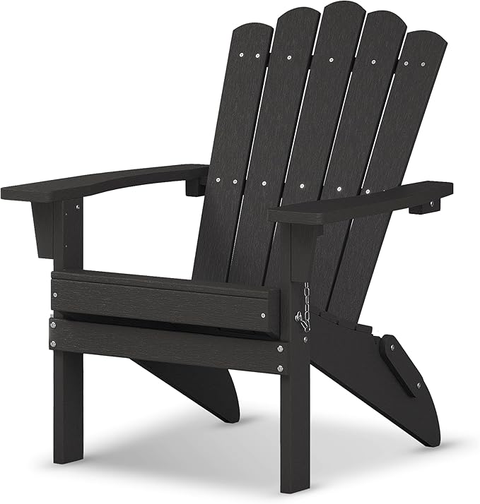 Folding HDPE Adirondack Chair, Weather-Resistant Patio Chair with Wide Armrests & High Backrest, Fire Pit Chair for Garden, Backyard, Porch - Black
