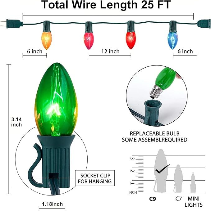 25 FT C9 Clear Multicolor Christmas String Light Outddor,Vintage C9 Christmas Lights with 26 Edison Bulbs(1 Spare), C9/ E17 Base,Multicolor Lights for Christmas Party Backyard Wedding Decor