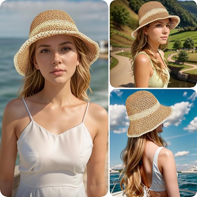 Floppy Big Beach Straw Hats for Women Foldable Summer Wide Brim Packable Sun Hat Womens Travel Straw Fedora Hat
