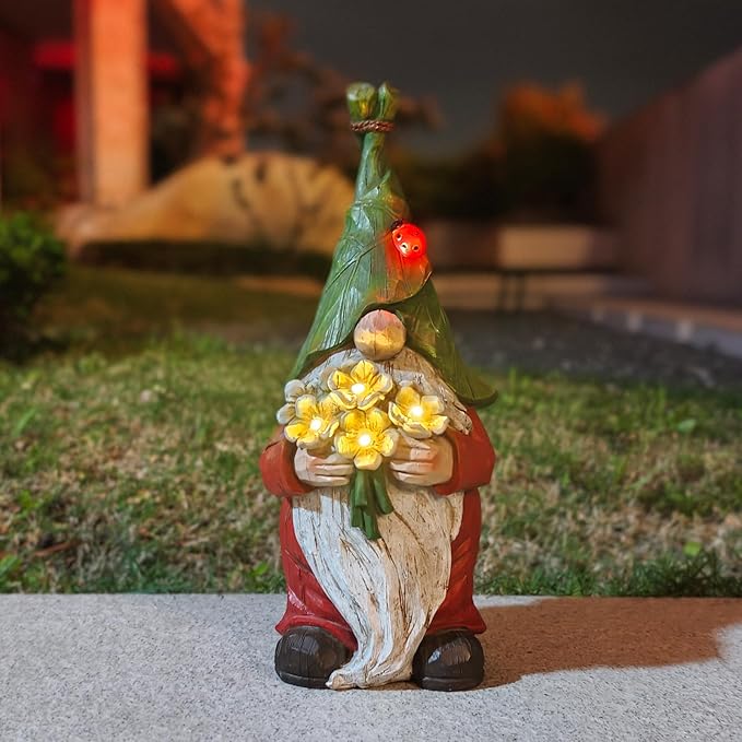 Garden Gnome Statue Outdoor Decor, Solar Garden Gnome Figurine Light, Resin Statues Sculpture for Patio Yard Lawn Outdoor Decorations