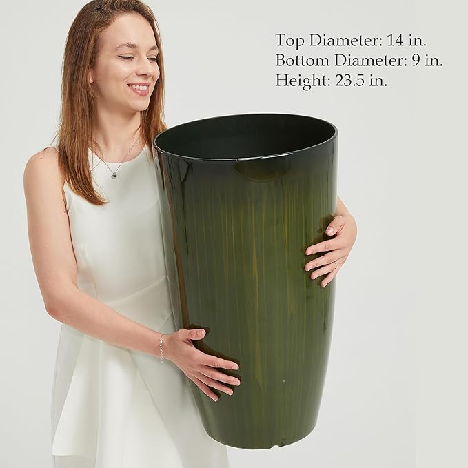 Worth Garden 23.5" H. Large Plastic Planters - Set of 2 Gradient Green Glossy Smooth Finish - Tall Plant Pots for Indoor & Outdoor Use - Decorative Lightweight Flower Pots for Front Porch, Patio, Deck