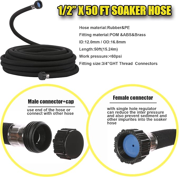 Cuckoo Soaker Hose 50ft With 1/2" Diameter-Soaker Hose Kit with Heavy Duty Rubber Hose for Irrigation-Save 70% Water-Great for Garden Flower Beds,Trees,Vegetables amd Seedings(1/2X50-2)