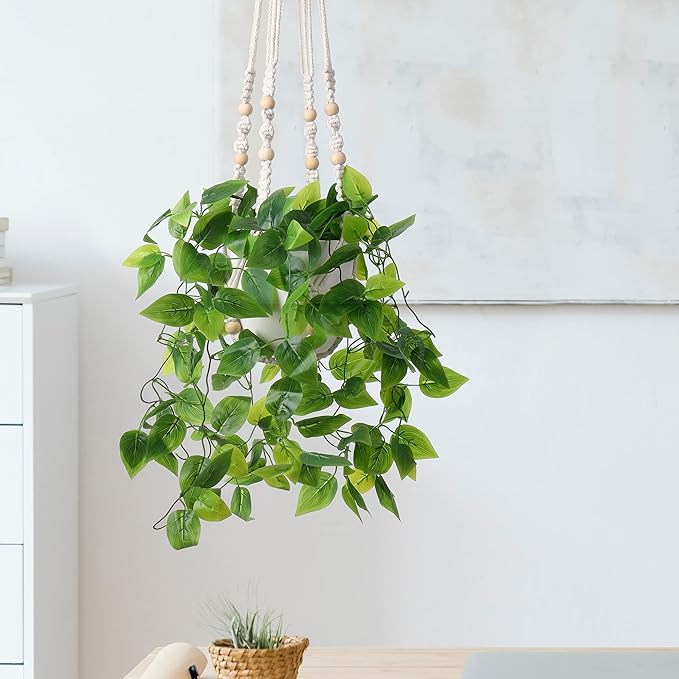 YIBOT 2 Pack Macrame Plant Hanger Indoor Hanging Planter Basket with Wood Beads Decorative Flower Pot Holder No Tassels for Indoor Outdoor Boho Home Decor-35 Inch