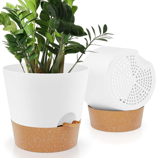 Ynnico10 inch Plant Pots, Self-Watering Planters with Drainage Holes & Saucers for Indoor and Outdoor Plants (2-Pack,White