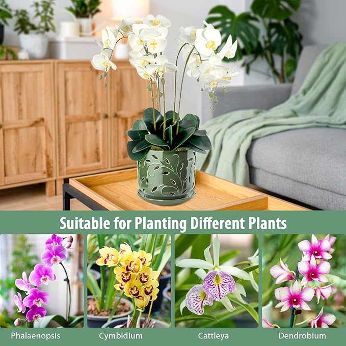 EFISPSS Orchid Pots with Holes, 7 Inch Orchid Pots with Drainage Holes and Tray, Indoor or Outdoor Large Pot for Orchid Care,Durable for Repotting or New Plants - Green
