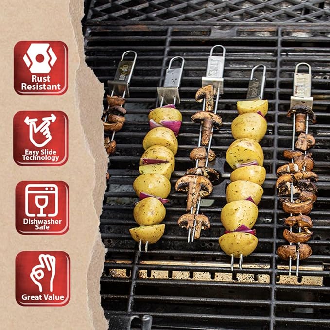 BBQ-AID Premium Barbecue Metal Skewers for Kabobs with Quick Release - Double Pronged, Stainless Steel Metal Skewer for Grilling - Shish Kabob Sticks, Veggies & More