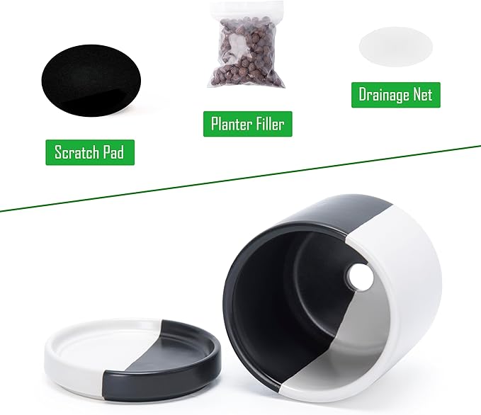 D'vine Dev 3.5 Inch Ceramic Planter Pot with Drainage Hole and Saucer, Indoor Cylinder Round Planter Pot, Split Monochrome Black & White, 94-O-A-0