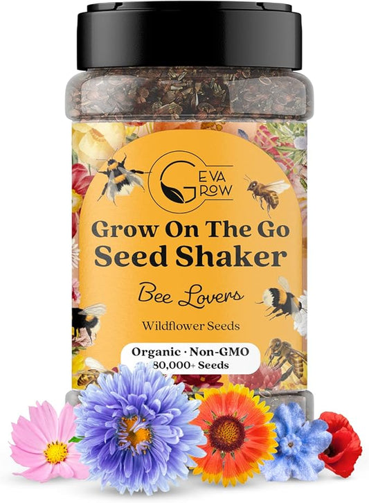 Mini Wildflower Seed Shaker - Save The Bees Seed Mix, by GevaGrow | 80,000+ Seeds | Pollinator & Bee Attracting Flower Seeds Bulk for Planting in Pots & Outdoor Gardens | 2 Ounce