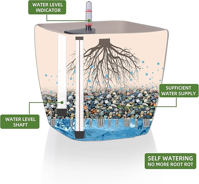 Dexceder 15x14 Self Watering Planter with Wheels Indoor Outdoor, Inner Mat Design, Thickened Large Floor Standing Flower Plant Pot with Water Level Indicator (Taupe Matte)