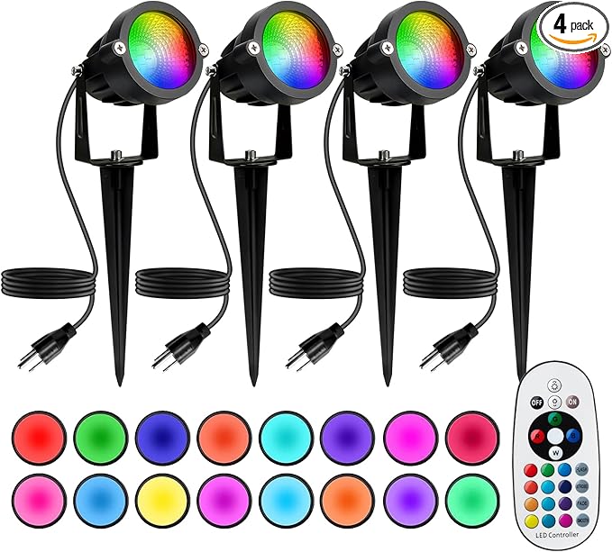Halloween Christmas Spotlight Outdoor: 12W RGBW LED Spot Lights Outdoor with 16 Color Changing for Yard Garden Decor | 4 Pack of IP65 Waterproof 120V Plug in Landscape Lighting with Remote