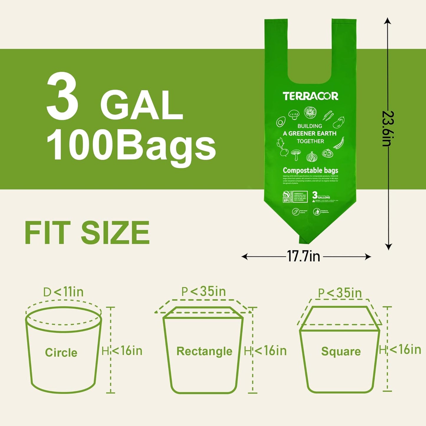 Compost Bags, Handle Tie Food Scrap Bags 3 Gallon,100 Count,Certified by BPI and ASTM D6400, Kitchen Compost Bin Compatible