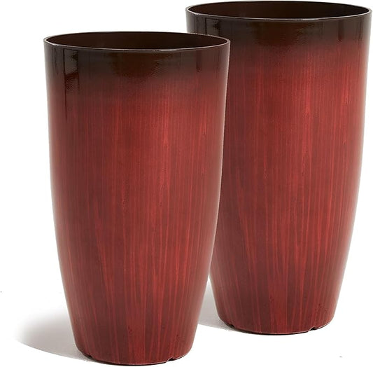 Worth Garden 23.5" H. Large Plastic Planters - Set of 2 Gradient Red Glossy Smooth Finish - Tall Plant Pots for Indoor & Outdoor Use - Decorative Lightweight Flower Pots for Front Porch, Patio, Deck
