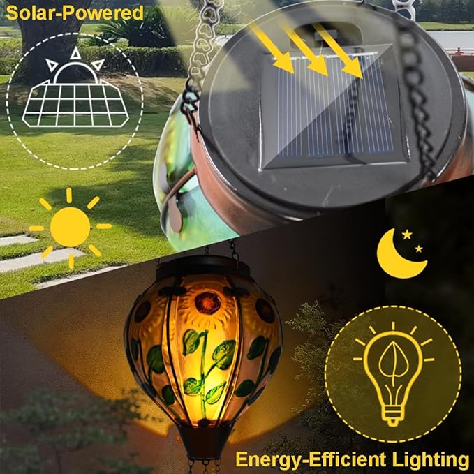 Hot Air Balloon Solar Lantern with Flickering Flame Hanging Solar Lanterns Outdoor Lights Waterproof Lanterns Decorative Garden Patio Yard Party Decor Sunflower
