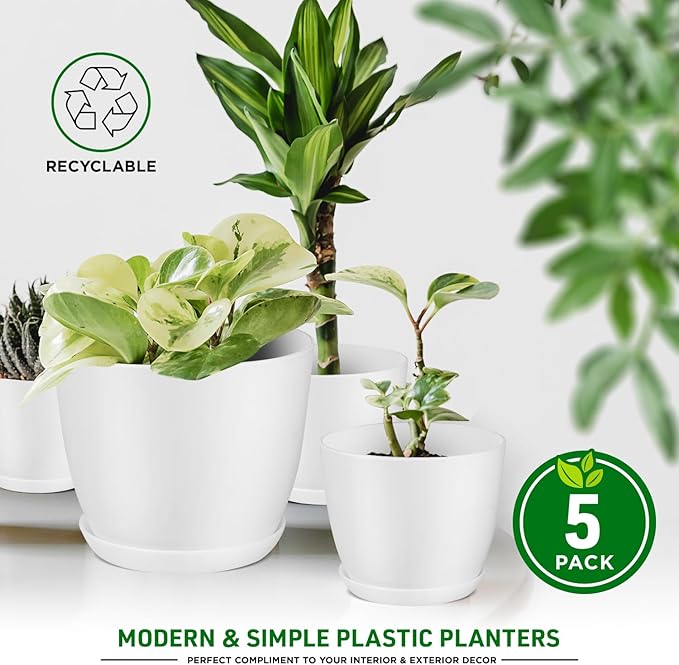 Eco Friendly Plant Pot Set -5-Pack Home Decor Flower Indoor and Outdoor Plastic Pots with Drainage Holes, Assorted Sizes (7", 6.6", 6", 5.3", 4.8") - Stackable Garden Versatile Planters