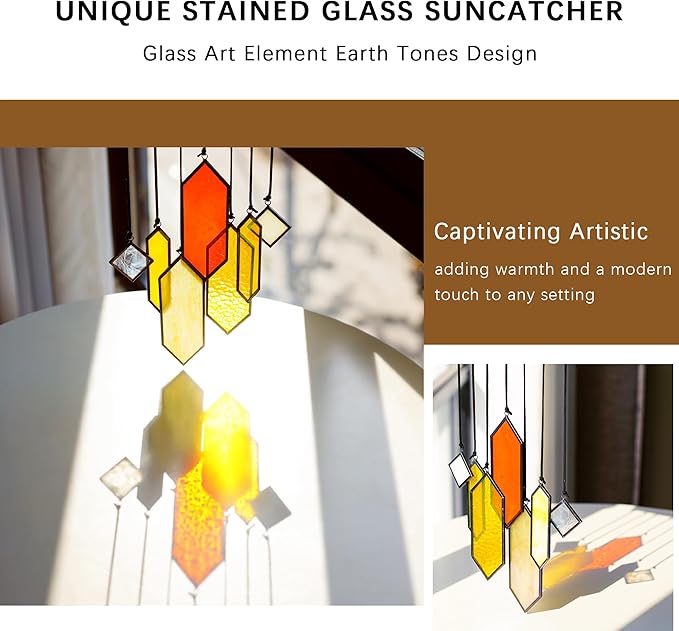 HDCRYSTALGIFTS 7pieces Stained Glass Window Hanging Suncatchers Handcrafted Modern Sunset Glow Design Stained Glass Wall Art Sun Catcher for Home Garden Decoration Reconfigurable