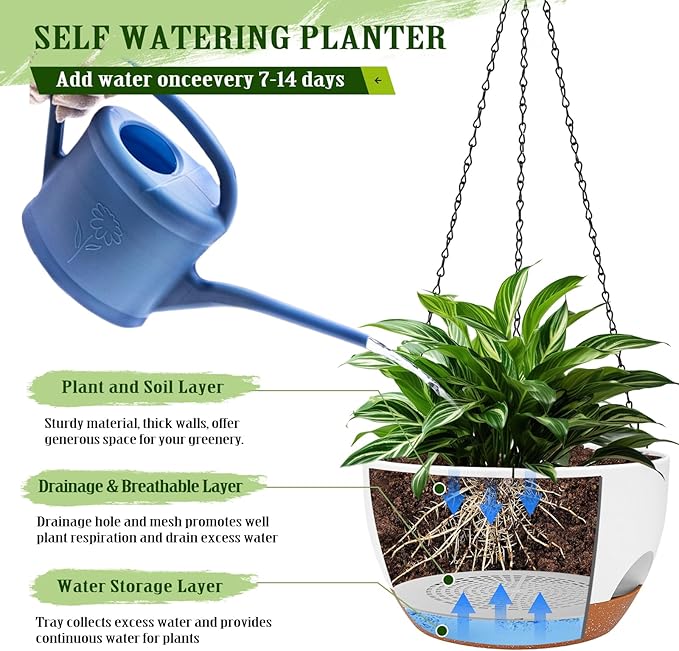 Hanging Planters for Outdoor Indoor Plants, 2 Pack 12 Inch Hanging Basket Plants Outdoor, Self Watering Hanging Planter with Plant Hanger for Garden Home Decoration (White)