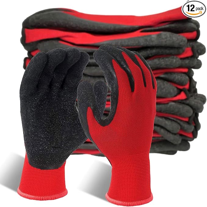 Evridwear Crinkle Latex Rubber Hand Coated Safety Work Gloves for Men Women General Multi Use Construction Warehouse Gardening Assembly Landscaping (S-Size) 12 Pairs Pack