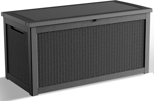 DRATO 260 Gallon Deck Box, Outdoor Large Waterproof Resin Storage Box with Lockable Lid for Patio Cushions, Gardening Tools, Sports Equipment, Black