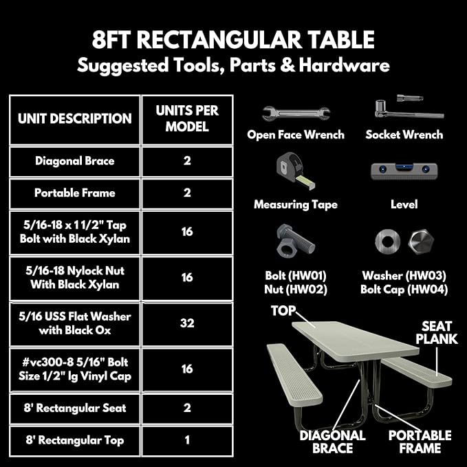 T8-DGRN Heavy Duty Rectangular Portable Picnic Table, 8 Ft, Dark Green, Made in America