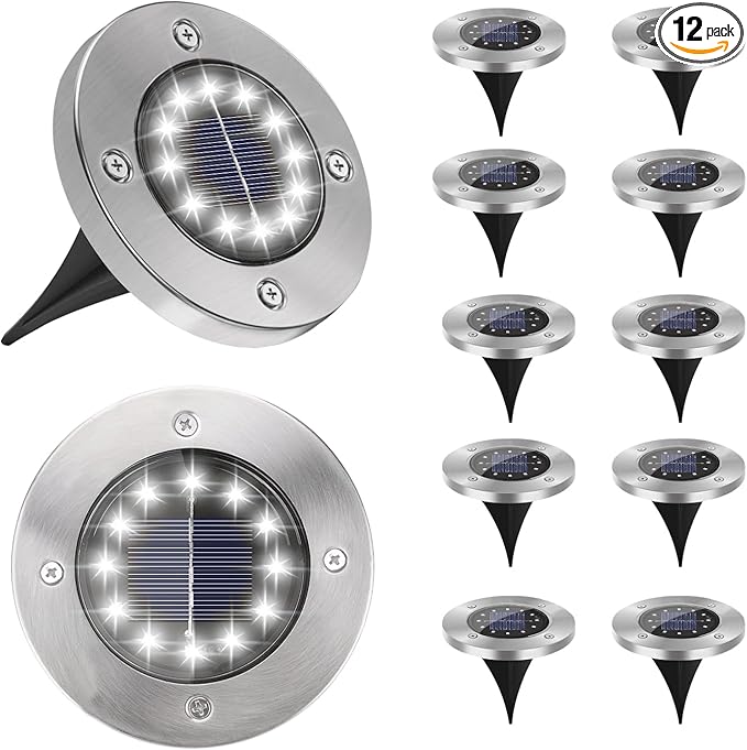 Solar Lights Outdoor Waterproof, 12 Packs Bright Solar Ground Lights with Updated 12 LEDs, Solar Garden Lights Landscape Lights for Pathway Walkway Driveway Patio Yard Deck Lawn Decor (Cold)