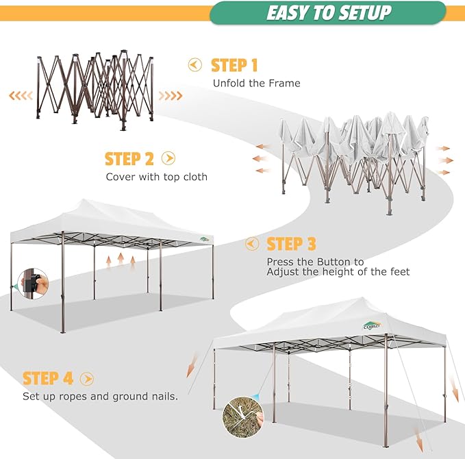 COBIZI 10x20 Pop Up Canopy Heavy Duty Without Sidewalls, Commercial Heavy Duty Pop Up Tent for Parties All Weather Waterproof and UV 50+ Wedding Tent with Roller Bag(Legs Upgraded),White