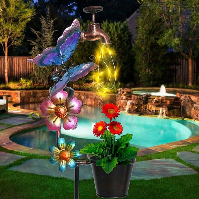 Afirst Solar Outdoor Decorative Butterfly Lights - Faucet Shaped Twinkling Light Garden Stake Decorations for Pathway Lawn Patio Courtyard Backyard