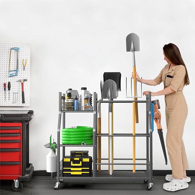 EVERHANGER Garden Tool Organizer Stand, Garage Tool Storage Organization, Yard Tool Racks with lockable wheels, Fit for Long-Handled Tools/Rakes/Brooms