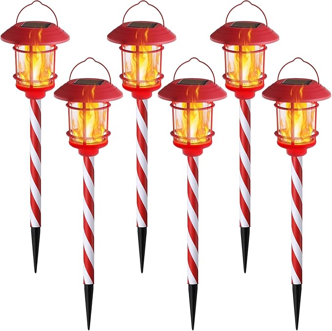 Dynaming 6 Pack Christmas Solar Flame Garden Lights Outdoor, Dual Use Flickering Flame Torch Candy Cane Pathway Marker, Xmas Hanging Lantern Lights, Waterproof & Auto On/Off for Patio Walkway Driveway