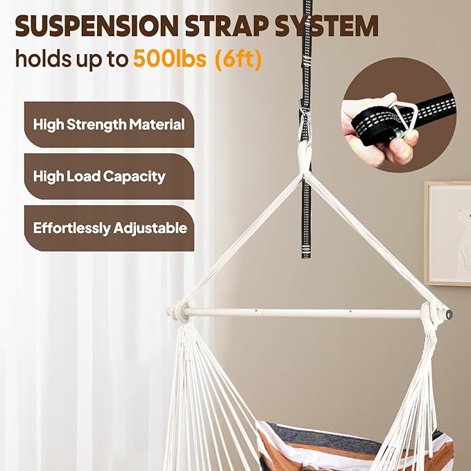 Chihee Hammock Chair Hanging Chair with Foot Rest 2 Cushions Max 500lbs Robust Metal Spreader Bar Collapsible Easy Storage Soft Cotton Swing Chair Strong Strap Iron Carabiner Side Pocket Included