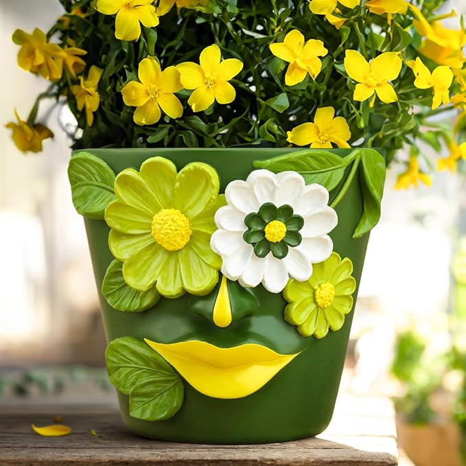GUGUGO Flower Face Planters, Abstract Unique Head Plant Pot with Drainage, Rainbow Colorful Cute Flower Plant Pots for Indoor Plants, Funny Succulent Gardening Pot Gift Home Décor (Green&White, 5Inch)
