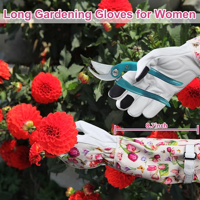 DLY Gardening Gloves for Women, Rose Gloves Gardening Thorn Proof, Long Garden Gloves for Women, Breathable Cowhide Leather Gauntlet(Small,White)