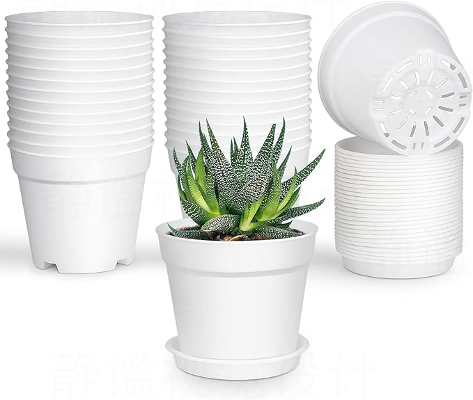 28 Pack 4 inch Small Plant Pots, Plastic Planters with Drainage Holes and Saucers for Flowers Plants, Succulents, Seed Starting Pots, White
