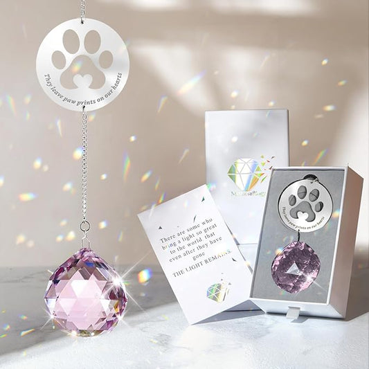 Dog Memorial Gifts, Unique Loss of Pet Sympathy Idea, Pink Crystal Ball Rainbow Suncatcher with Paw Print for Cat or Dog Remembrance and Bereavement