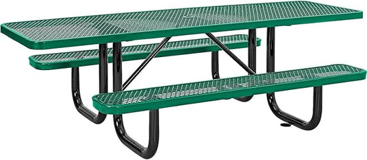 Global Industrial 8'L Rectangular Picnic Table, ADA Compliant, Expanded Metal, Green Thermoplastic Coating, Attached Benches, 1-1/2” Umbrella Pole Hole, Outdoor-Rated