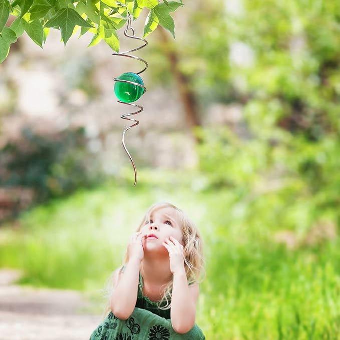 Gazing Ball Spiral Tail with Green Glass Orb, Spiral Tail for Wind Spinner, 3D Wind Spinners Stabilizer, Rotating Art Decor-Visual Illusion in Spinning, Indoor Outdoor Garden Decoration 13"