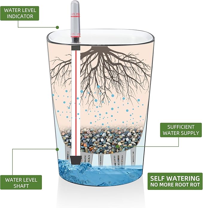 Dexceder 6x7 Self Watering Planter Indoor Outdoor, High Gloss Table Flower Plant Pot with Water Level Indicator (Black)