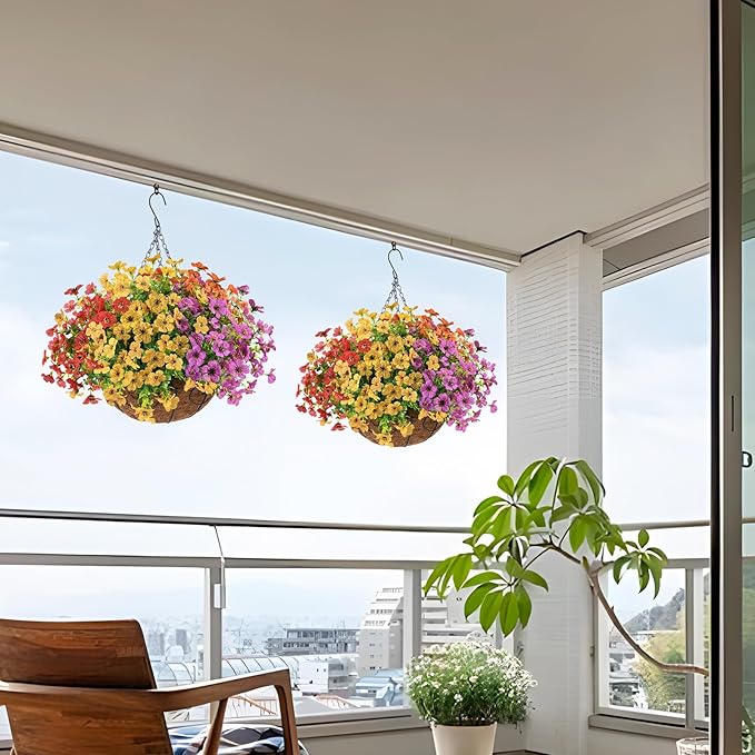 Artificial Faux Hanging Plants Flowers Basket for Spring Outdoor Decoration, Fake Silk Daisy in Planter Realistic UV Resistant Look Real for Porch Home Patio Balcony Yard(Multicolor)