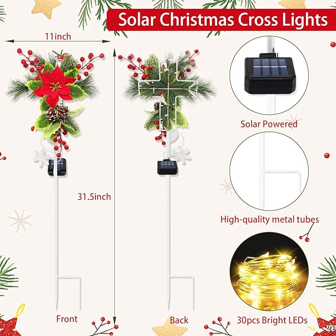 4 Pack Solar Christmas Decorations Outdoor, 32 Inch Solar Christmas Cross Stake Lights, Waterproof Grave Decorations with Poinsettia Flower Pinecones Red Berries for Garden Yard Patio Lawn Cemetery