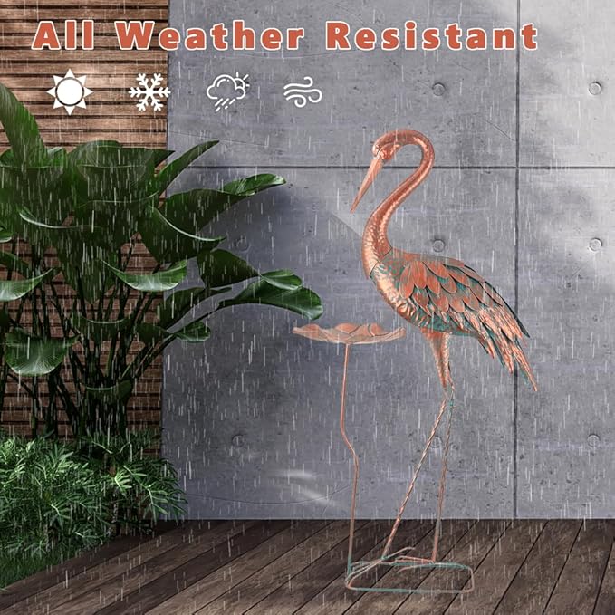 42'' Crane Garden Statue, Heron Outdoor Statue & Sculpture with Lotus Leaf, Metal Heron Yard Art Decor for Garden, Yard, Lawn, Pond (Brown & Blue)