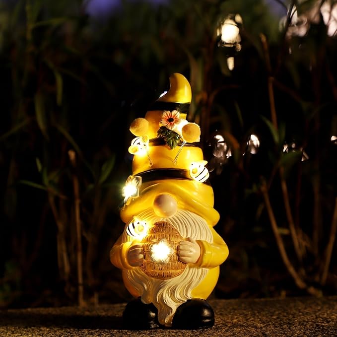 Garden Figurines Gnome Statue Decorations - Solar Resin Spring Bee Gnome Figurine Solar Garden Lights Outdoor Decorations Waterproof for Patio,Yard,Lawn,
