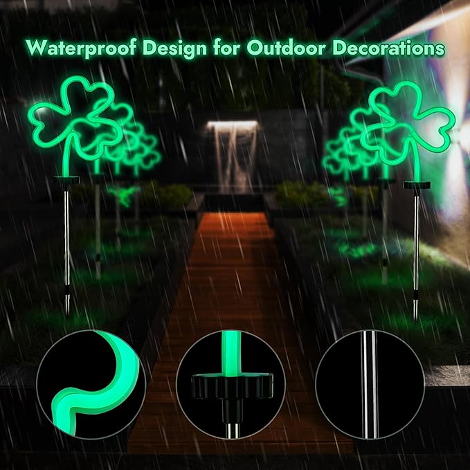 BlcTec St Patricks Day Decorations Outdoor, 4PCS Shamrock Neon Lights with Stainless Steel Stakes, Waterproof Irish Green Shamrock Pathway Lights for Yard Lawn Garden Porch Decor, Plug in