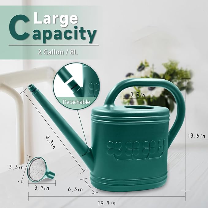 2 Gallon Watering Can, Outdoor Watering Can for Plants, Garden Water Can with Removable Long Spout and Stainless Steel Sprinkler Head, Large Water Can for Greenhouse (Dark Green, 2 Gallon)
