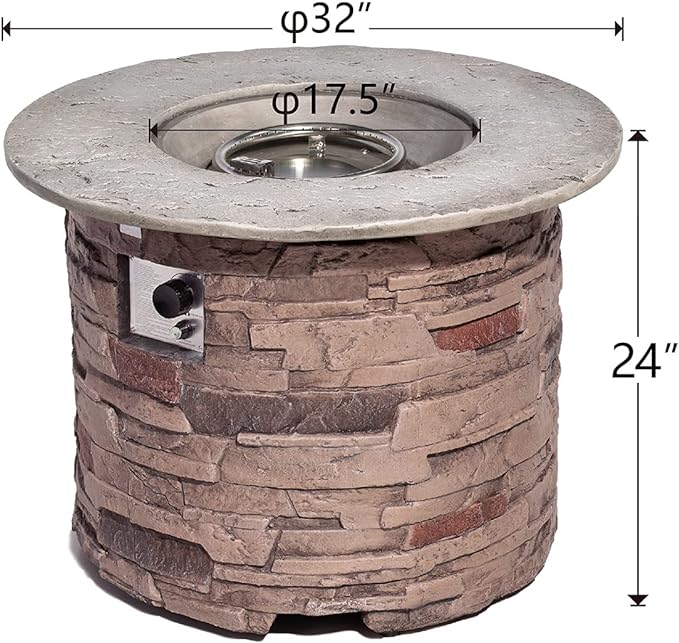 COSIEST Outdoor Propane Concrete Fire Pit Table w Imitation Stone Surface 32-inch Round Fire Table, CSA Certified, 40,000 BTU Stainless Steel Burner, Free Lava Rocks, Fits 20lb Tank Inside