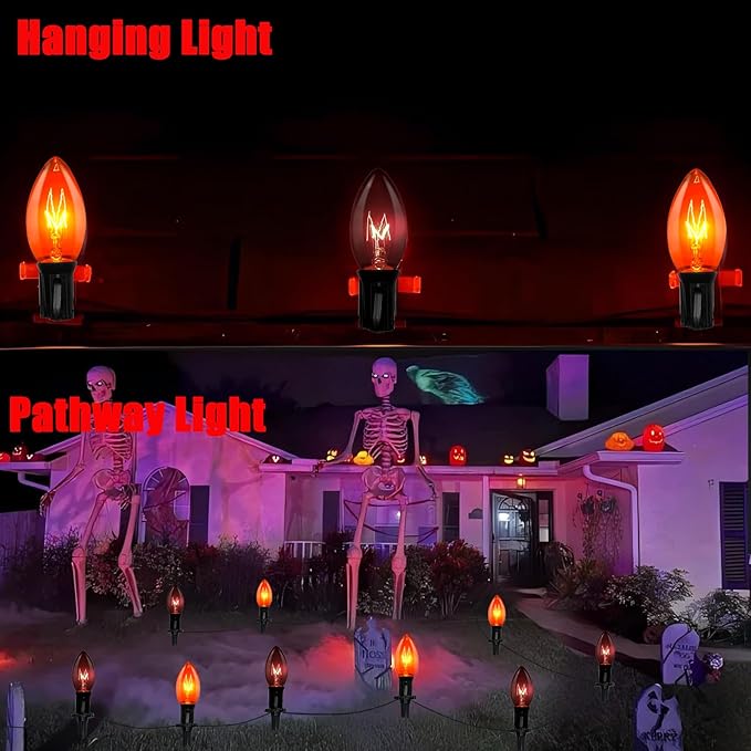 C9 Halloween Pathway Lights Outdoor, 19.5Ft Marker String With Orange and Black Stakes, Walkway Lights for Lawn Yard Sidewalk Garden Decoration