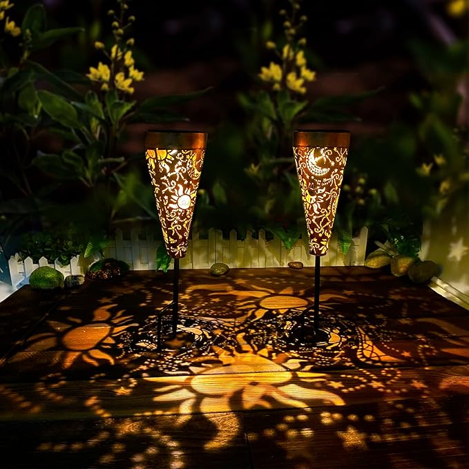 DIBIEECN 6 Pack Sun and Moon Solar Pathway Lights Outdoor,Metal Garden Decorations Outdoor Lights with Patterns and Warm Light,Waterproof Landscape Lighting for Path Patio Backyard Walkway Yard