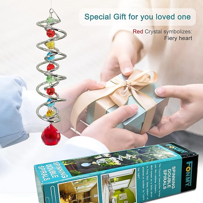 FONMY Gazing Ball Spiral Tail -Decorative Wind Spinner Sun Catcher Rainbow Maker Double-Spiral W/Red Crystal Ball and Chain Crystals for Indoor Outdoor Garden Decoration -14 inch Height