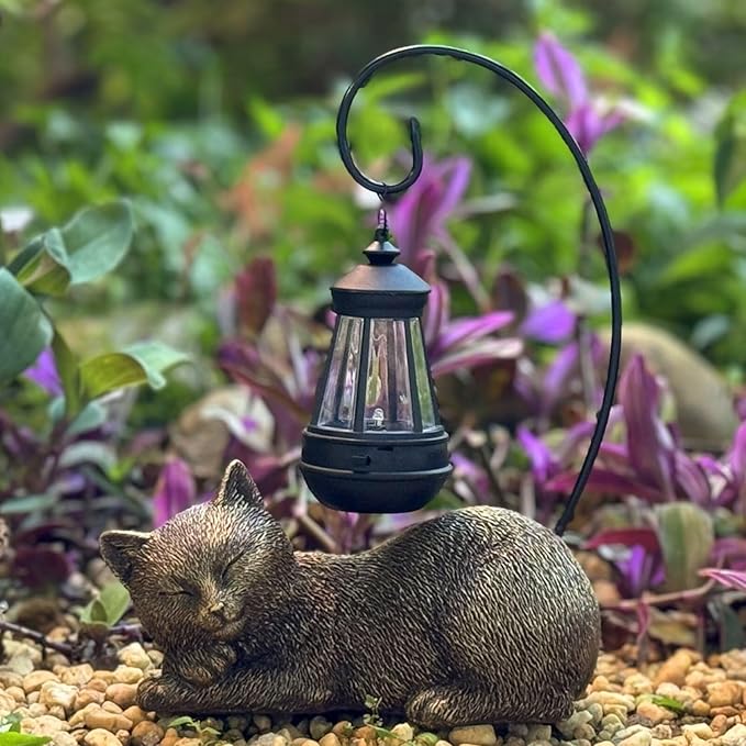 Cat Statue for Garden - 13' Sleeping Cat Figurines Solar Light Resin Garden Statues with Large Lantern Outdoor Waterproof Lawn Porch Ornament Decor, Gift for Mom