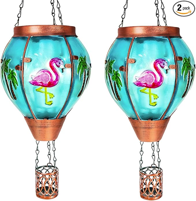 2 Pack Solar Hot Air Balloon Lantern With Flame, Flamingo Glass Solar Outdoor Lights for Patio Garden Decor, Gifts for Women Grandma Mom